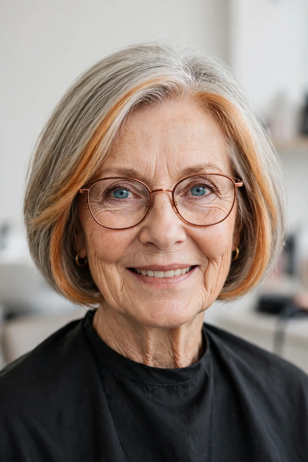 Elegant woman over 50 with fine hair and glasses and bob with money piece, bright face-framing color, radiant light.