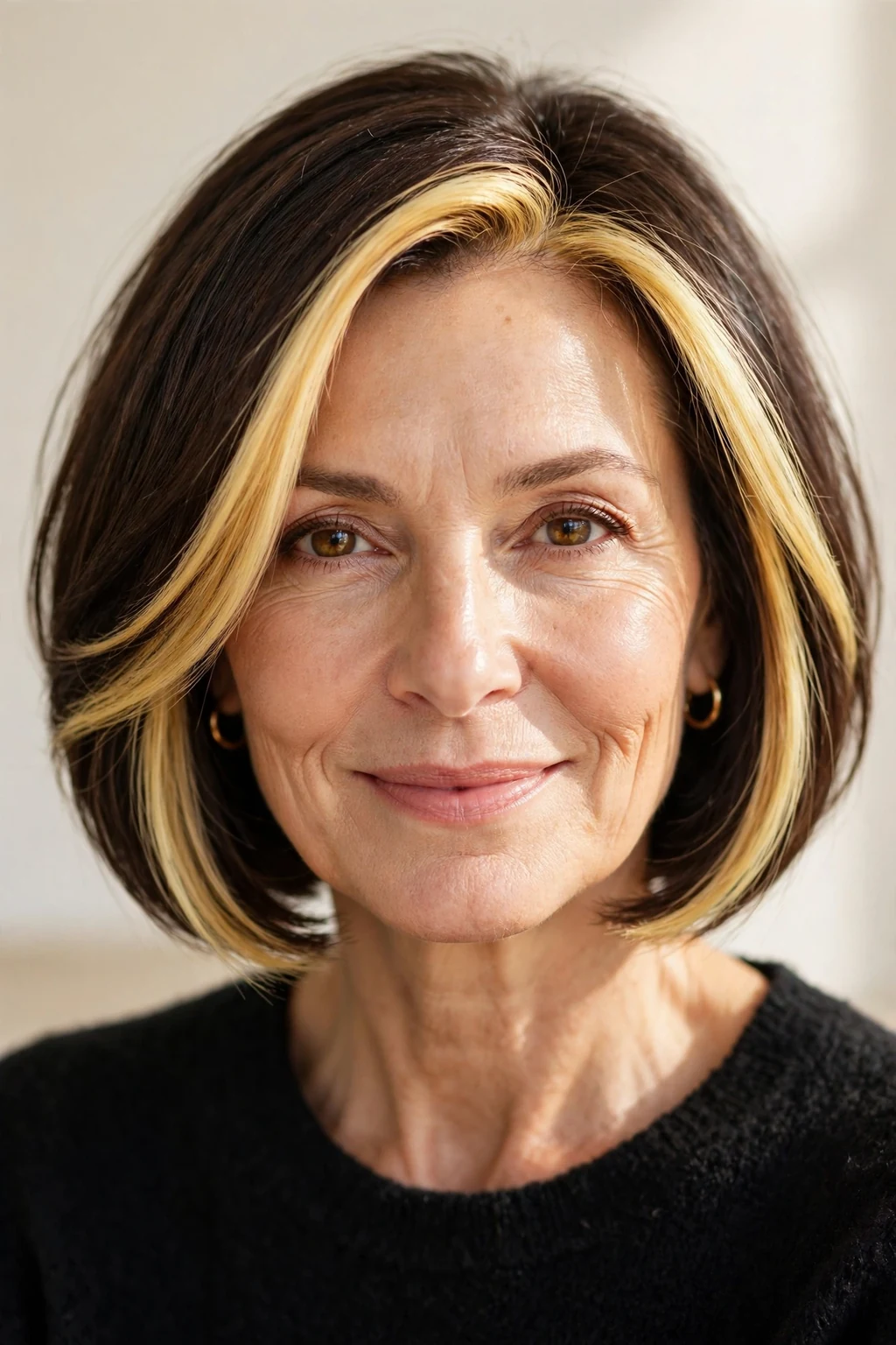 Elegant woman over 50 with bob with money piece, bright face-framing color, radiant light.
