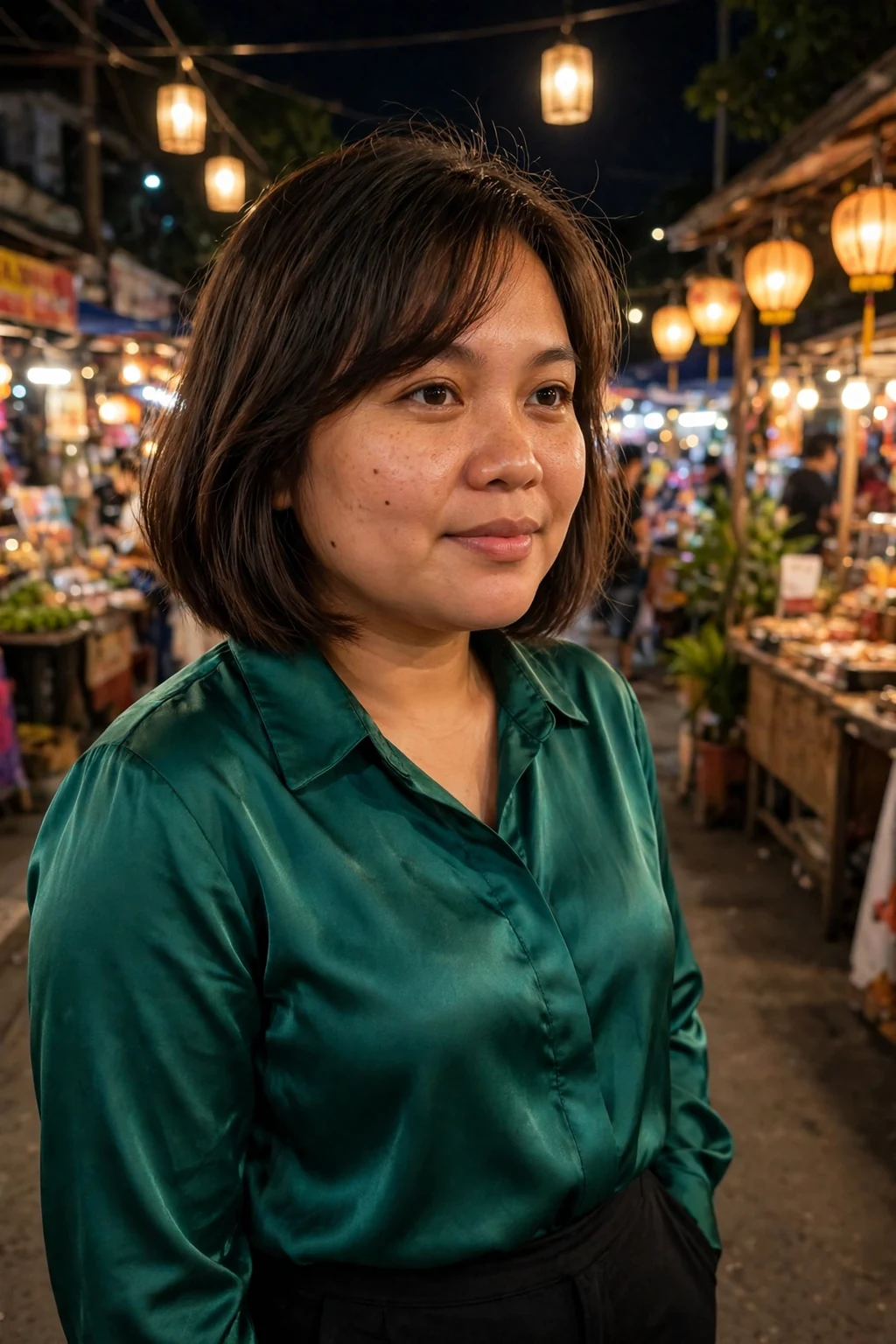 Young woman with a bob and long side-swept bangs that add volume and asymmetry to fine hair.
