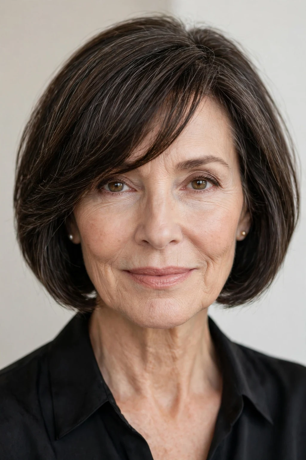 Elegant woman over 50 with bob with side-swept bangs, graceful diagonal fringe, chic light.