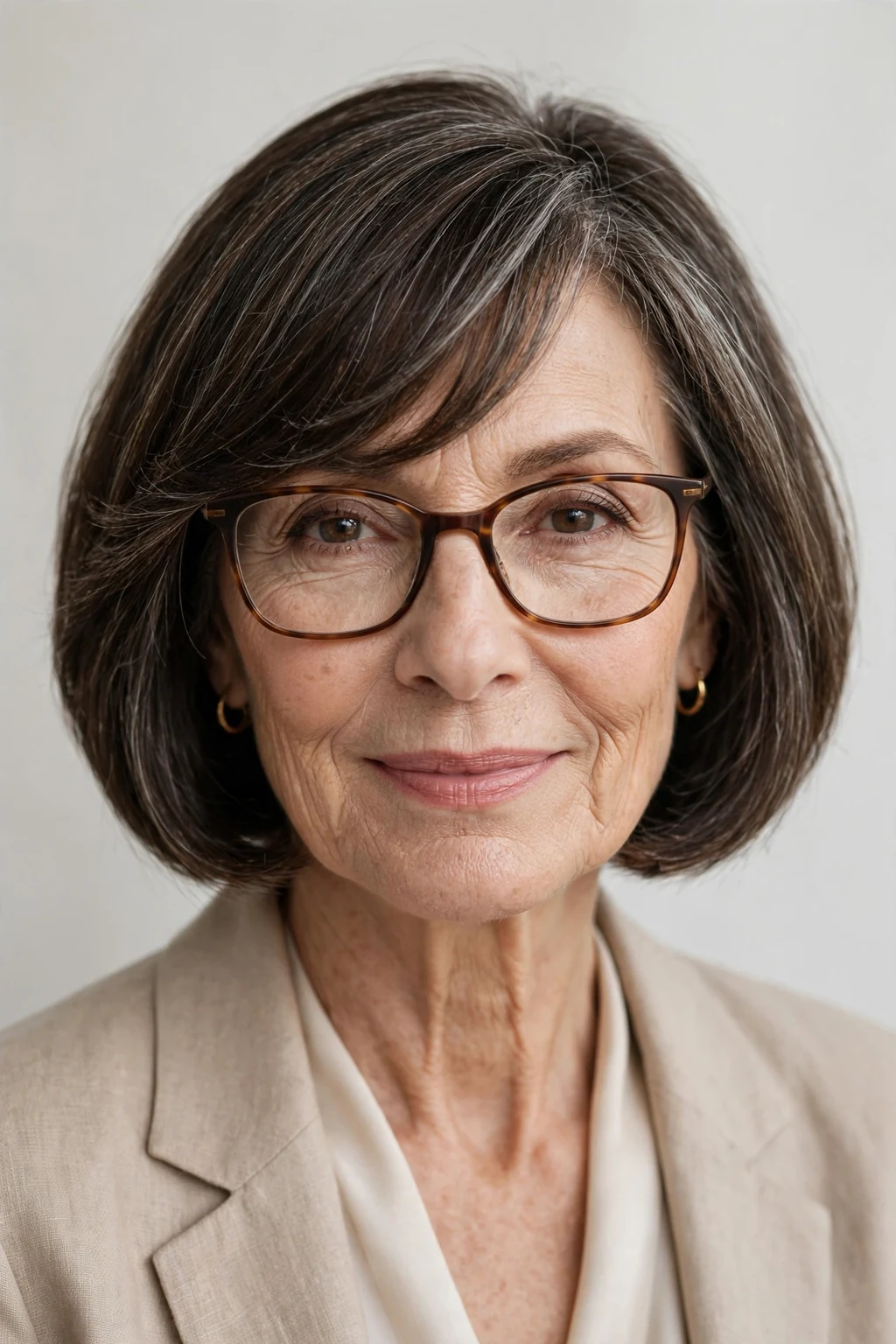 Elegant woman over 60 with glasses and bob with side-swept bangs, graceful diagonal fringe, chic light.