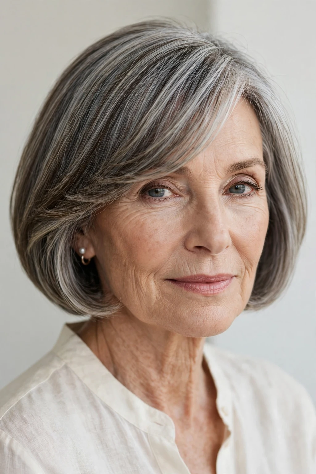 Elegant woman over 60 with bob and side-swept bangs, graceful diagonal fringe, chic light.