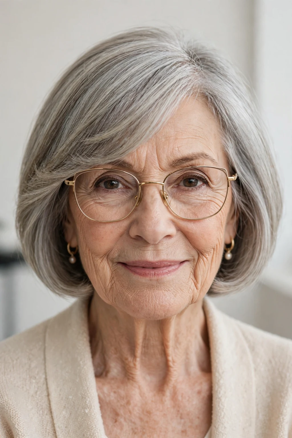 Elegant woman over 70 with glasses and bob with side-swept bangs, graceful diagonal fringe, chic light.