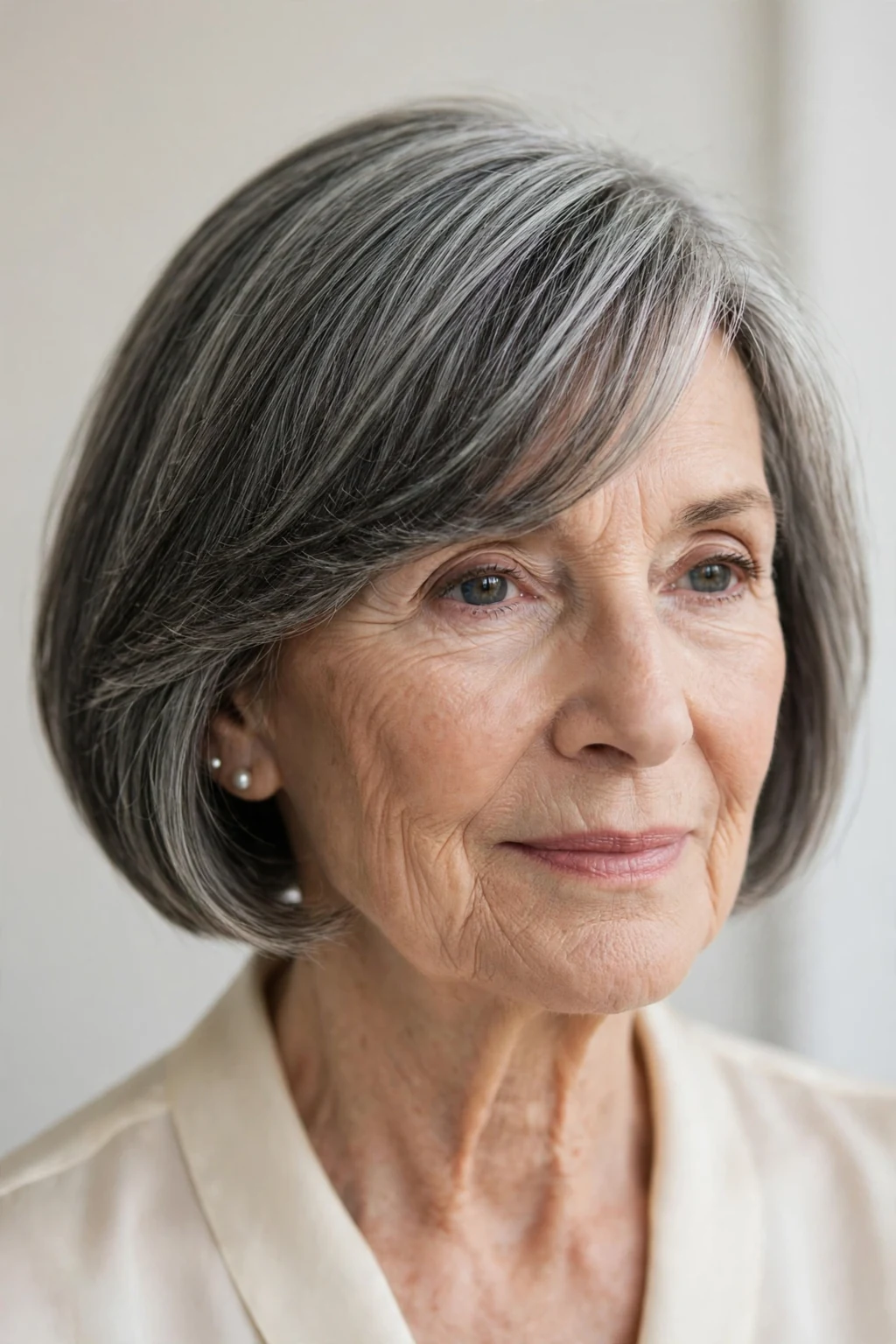 Elegant woman over 70 with bob and side-swept bangs, graceful diagonal fringe, chic light.