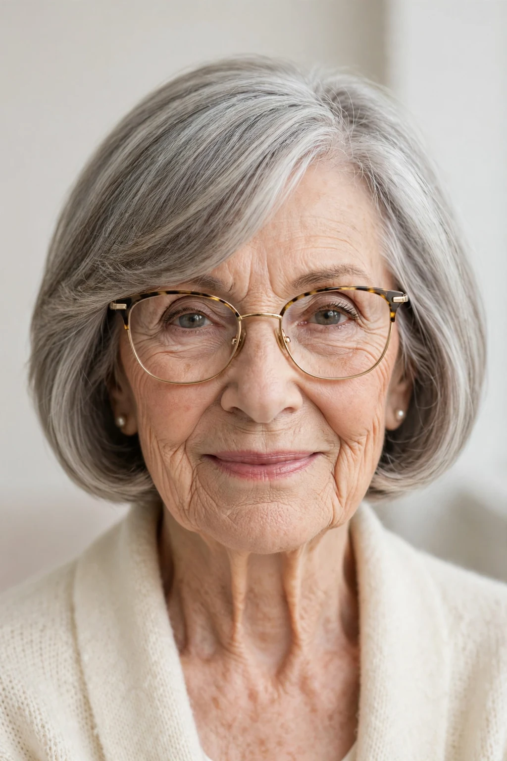Elegant woman over 80 with glasses and bob with side-swept bangs, graceful diagonal fringe, chic light.