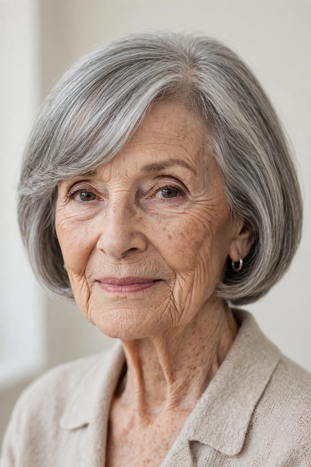 Elegant woman over 80 with bob and side-swept bangs, graceful diagonal fringe, chic light.