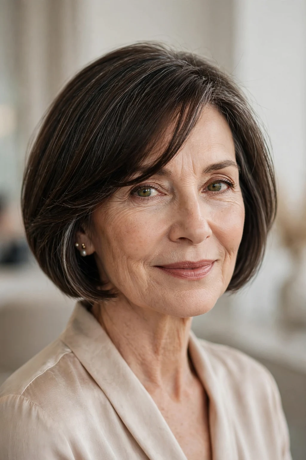 Elegant woman over 50 with bob with side-swept bangs, graceful diagonal fringe, chic light.