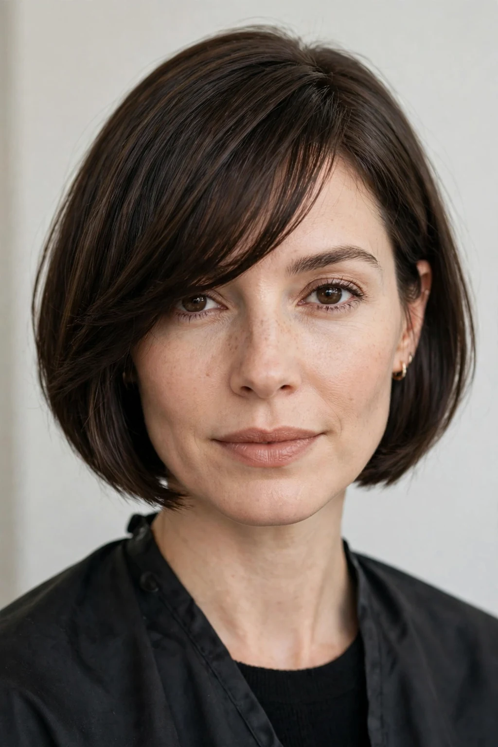 Woman with bob and side-swept bangs, elegant diagonal fringe, chic light.