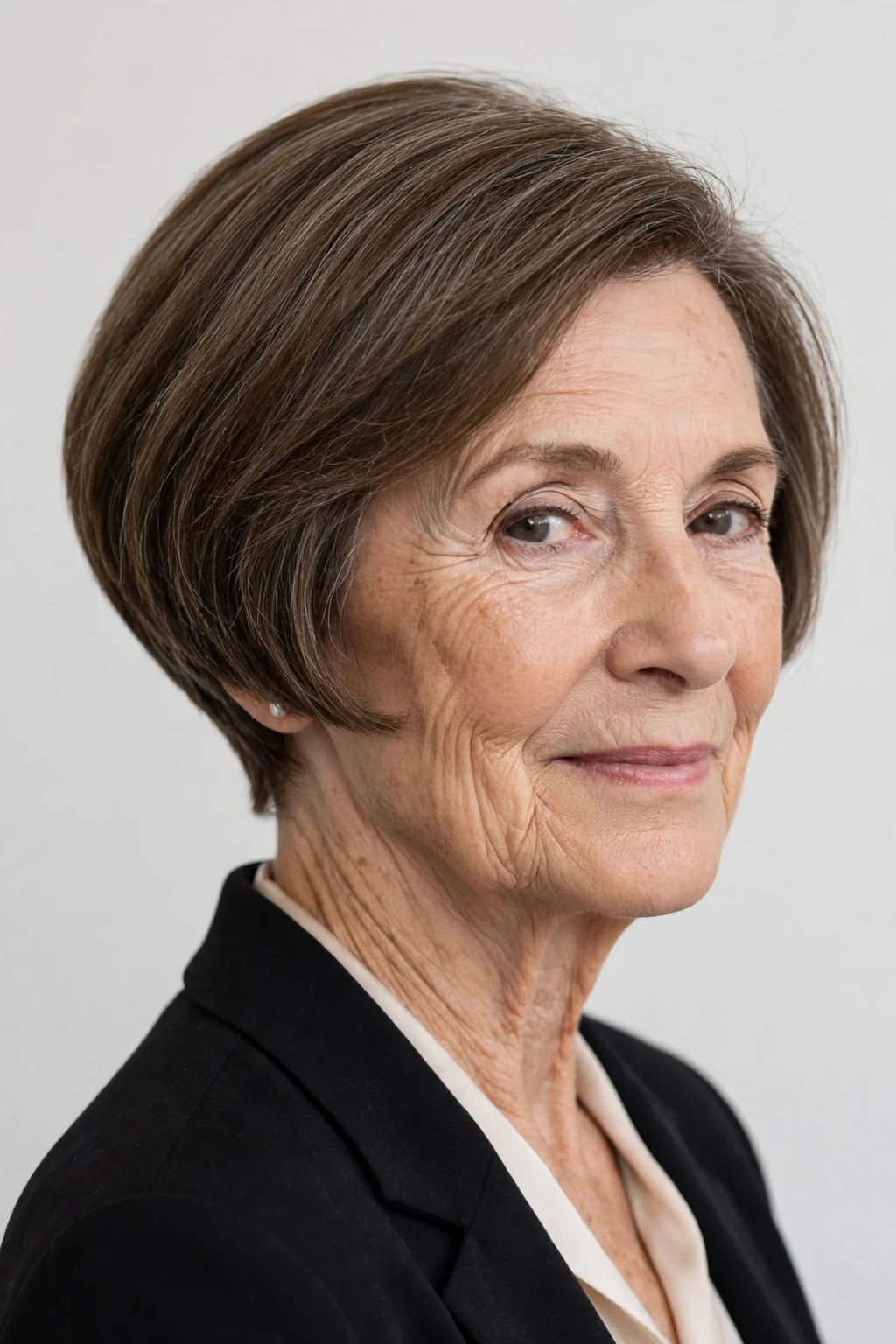 Elegant woman over 60 with tapered nape bob, clean graduated back, precise light.