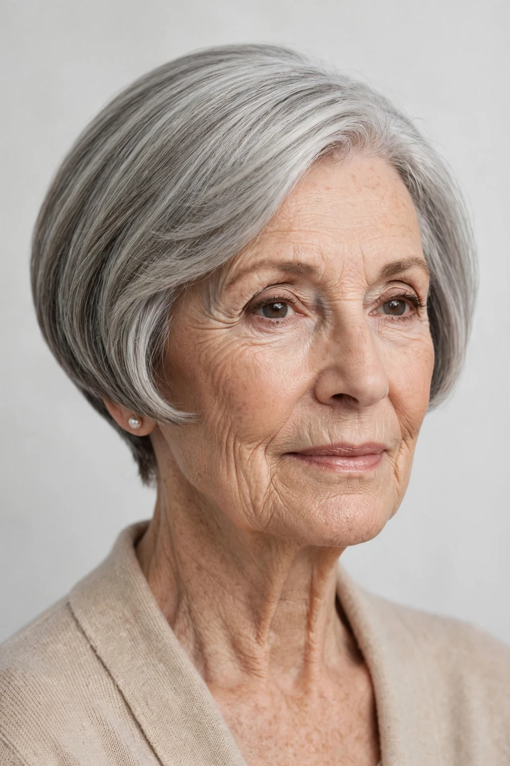 Elegant woman over 70 with bob and tapered nape, clean graduated back, precise light.