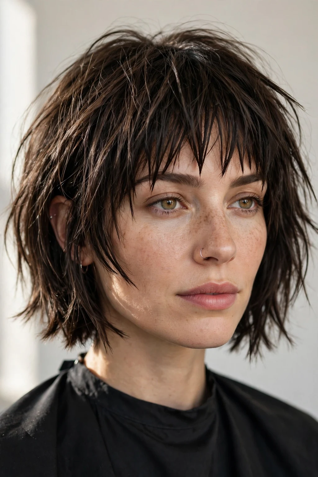 Woman with bob and textured fringe, shattered edgy bangs, dynamic light.