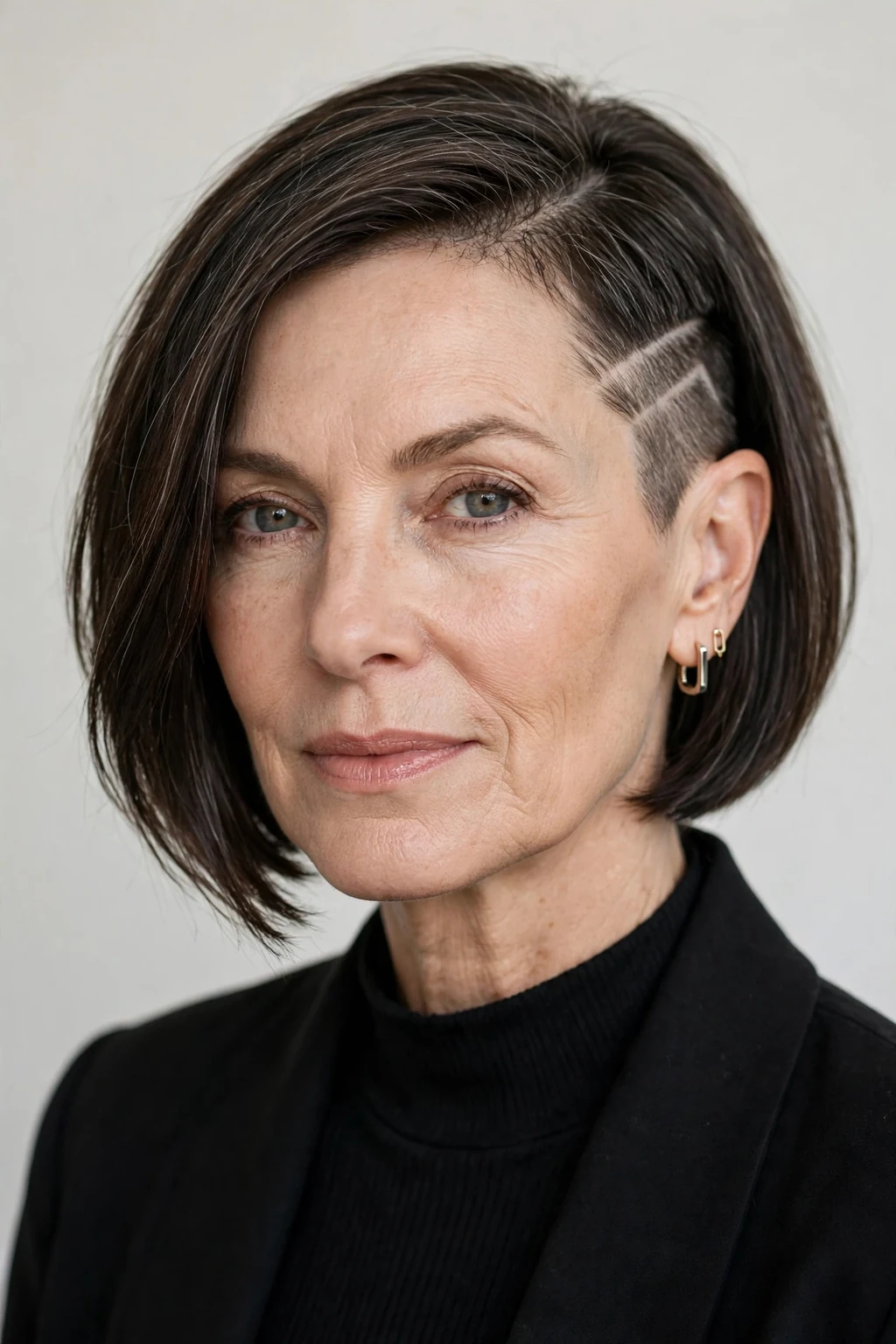 Elegant woman over 50 with bob with undercut, modern edgy detail, bold light.