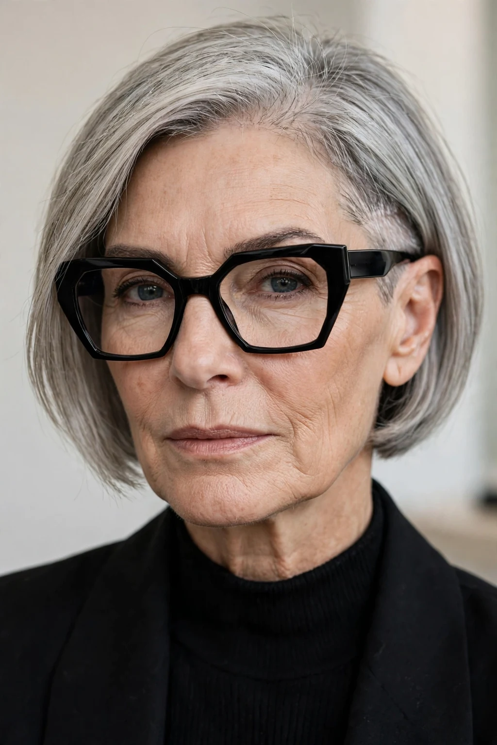 Elegant woman over 50 with fine hair and glasses and bob with undercut, modern edgy detail, bold light.