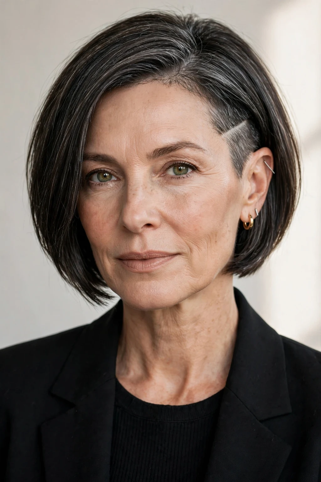 Elegant woman over 50 with bob with undercut, modern edgy detail, bold light.