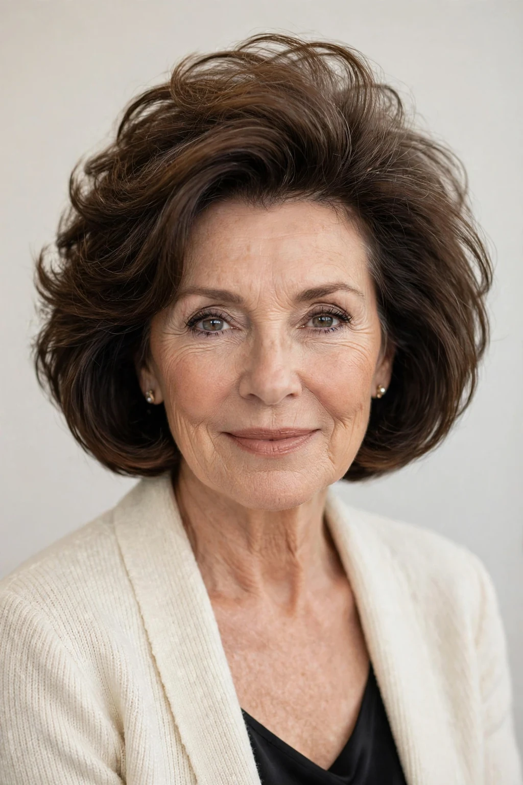 Elegant woman over 50 with bob with volume crown, lifted bouncy top, glamorous light.