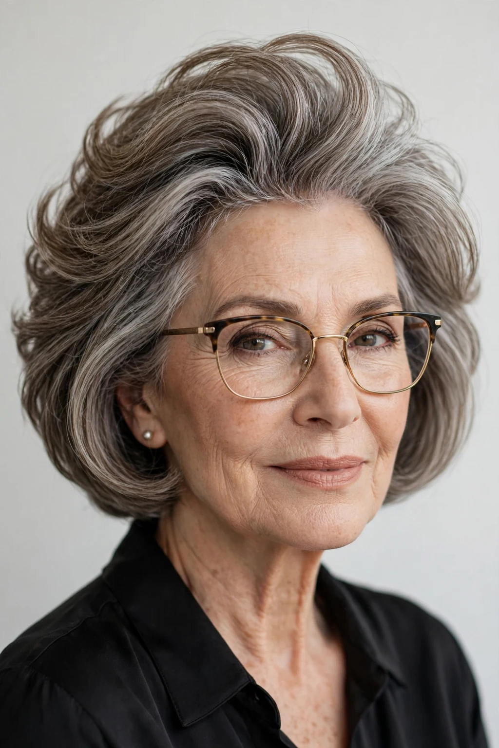 Elegant woman over 60 with glasses and bob with volume crown, lifted bouncy top, glamorous light.