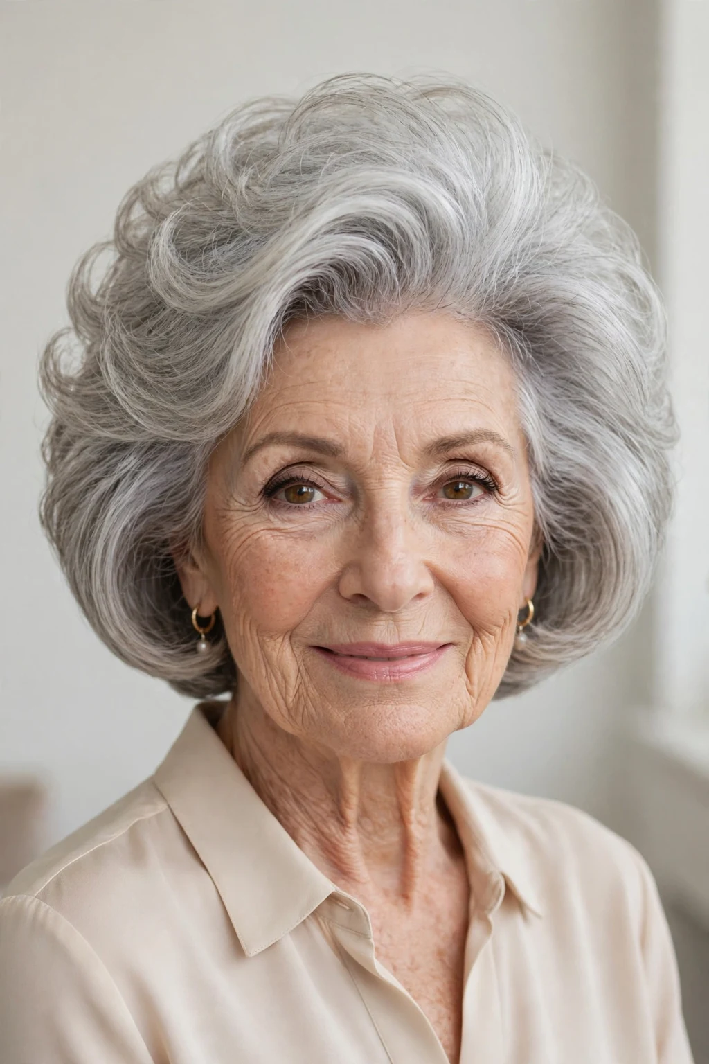 Elegant woman over 70 with bob and volume crown, lifted bouncy top, glamorous light.