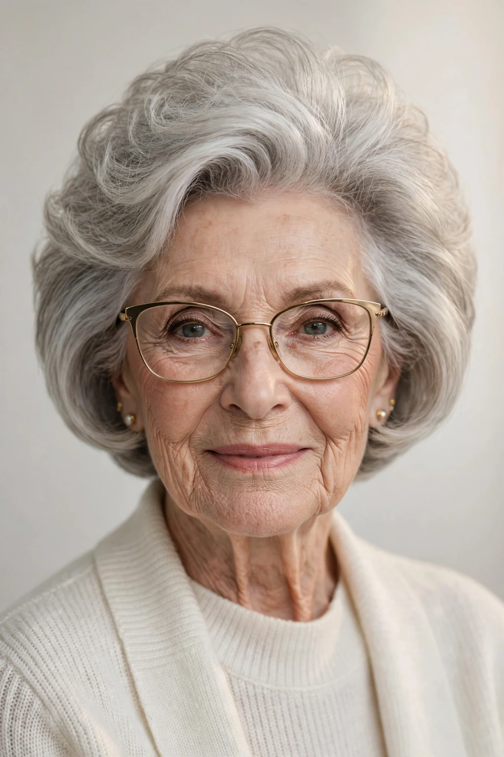 Elegant woman over 80 with glasses and bob with volume crown, lifted bouncy top, glamorous light.
