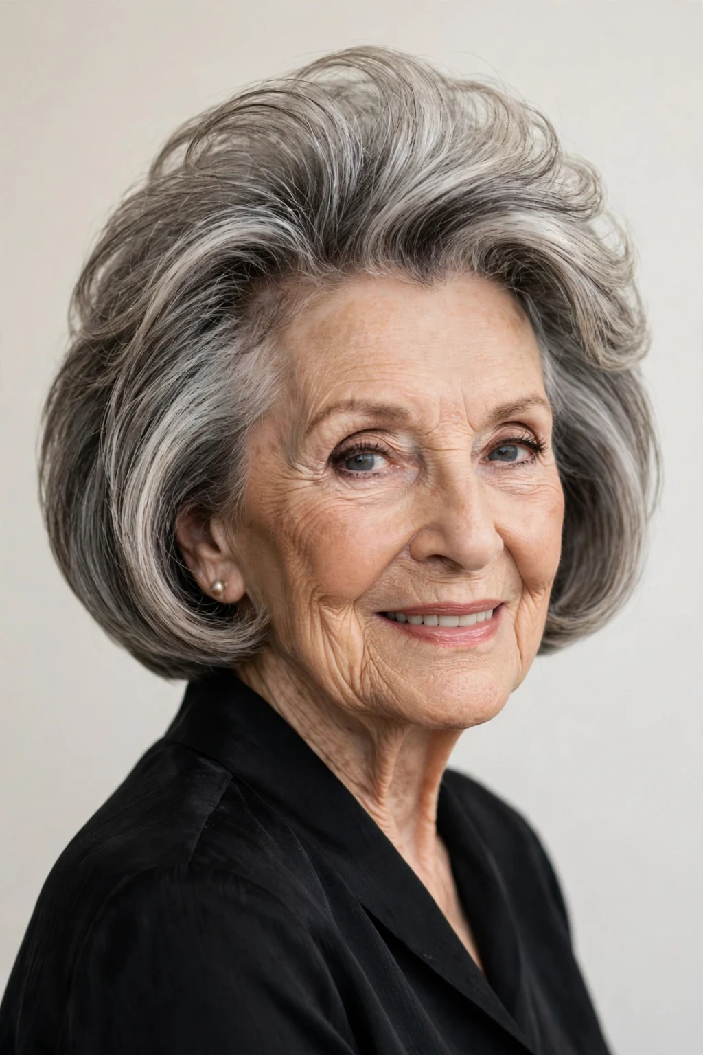 Elegant woman over 80 with bob and volume crown, lifted bouncy top, glamorous light.