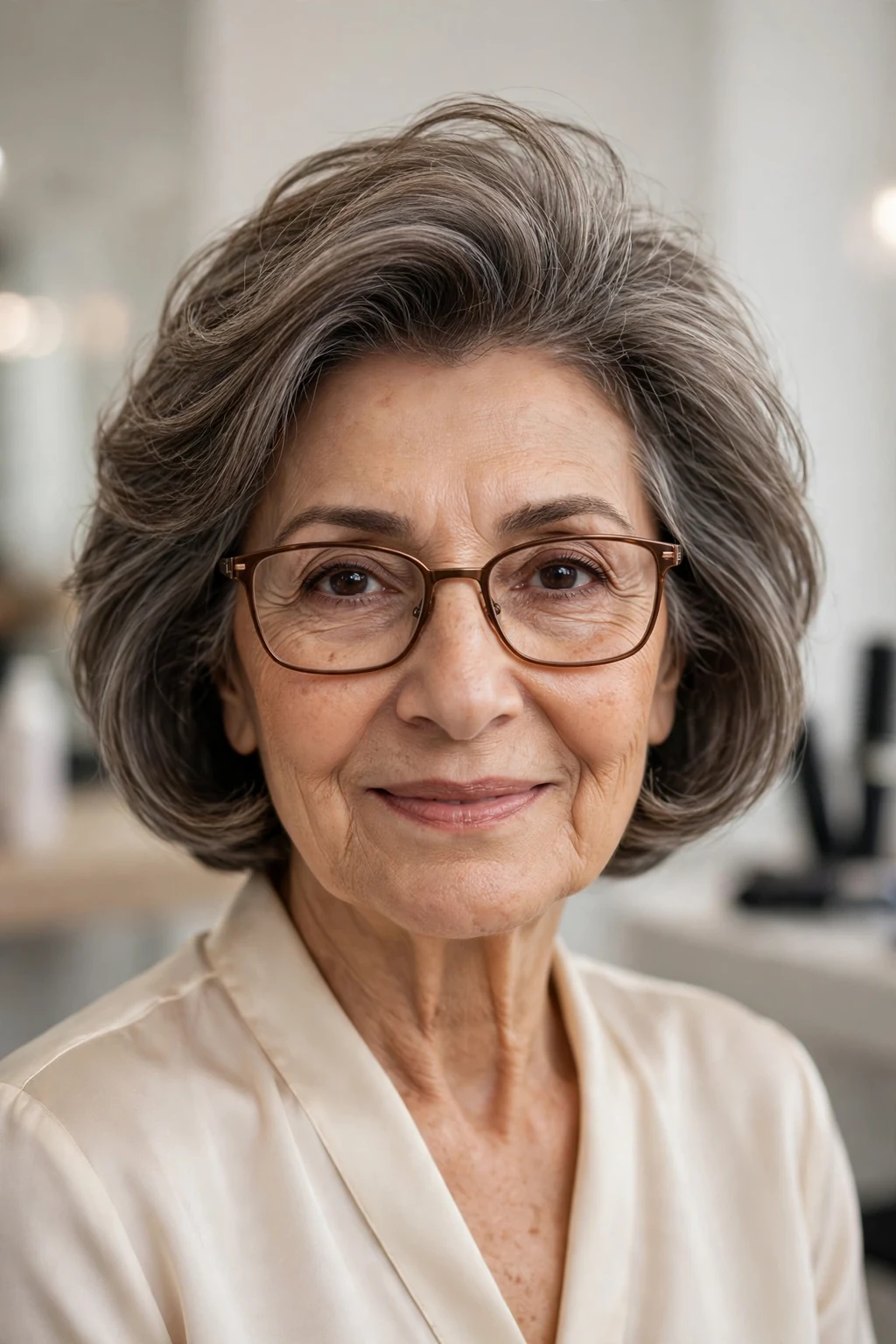 Elegant woman over 50 with fine hair and glasses and bob with volume crown, lifted soft top, glamorous light.