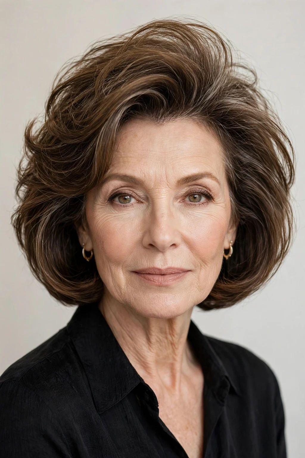 Elegant woman over 50 with bob with volume crown, lifted bouncy top, glamorous light.