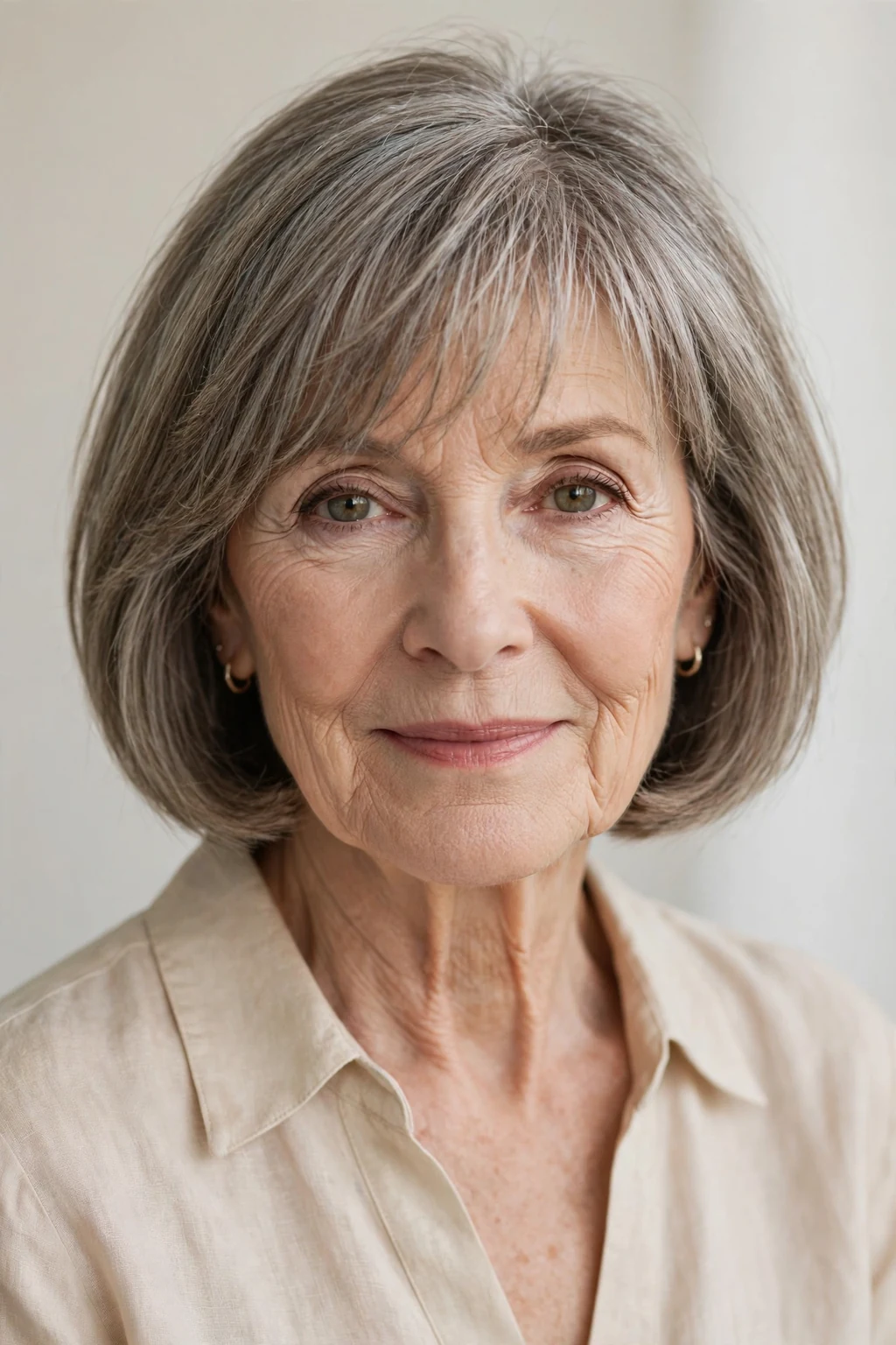 Elegant woman over 60 with bob and wispy bangs, delicate airy fringe, gentle light.