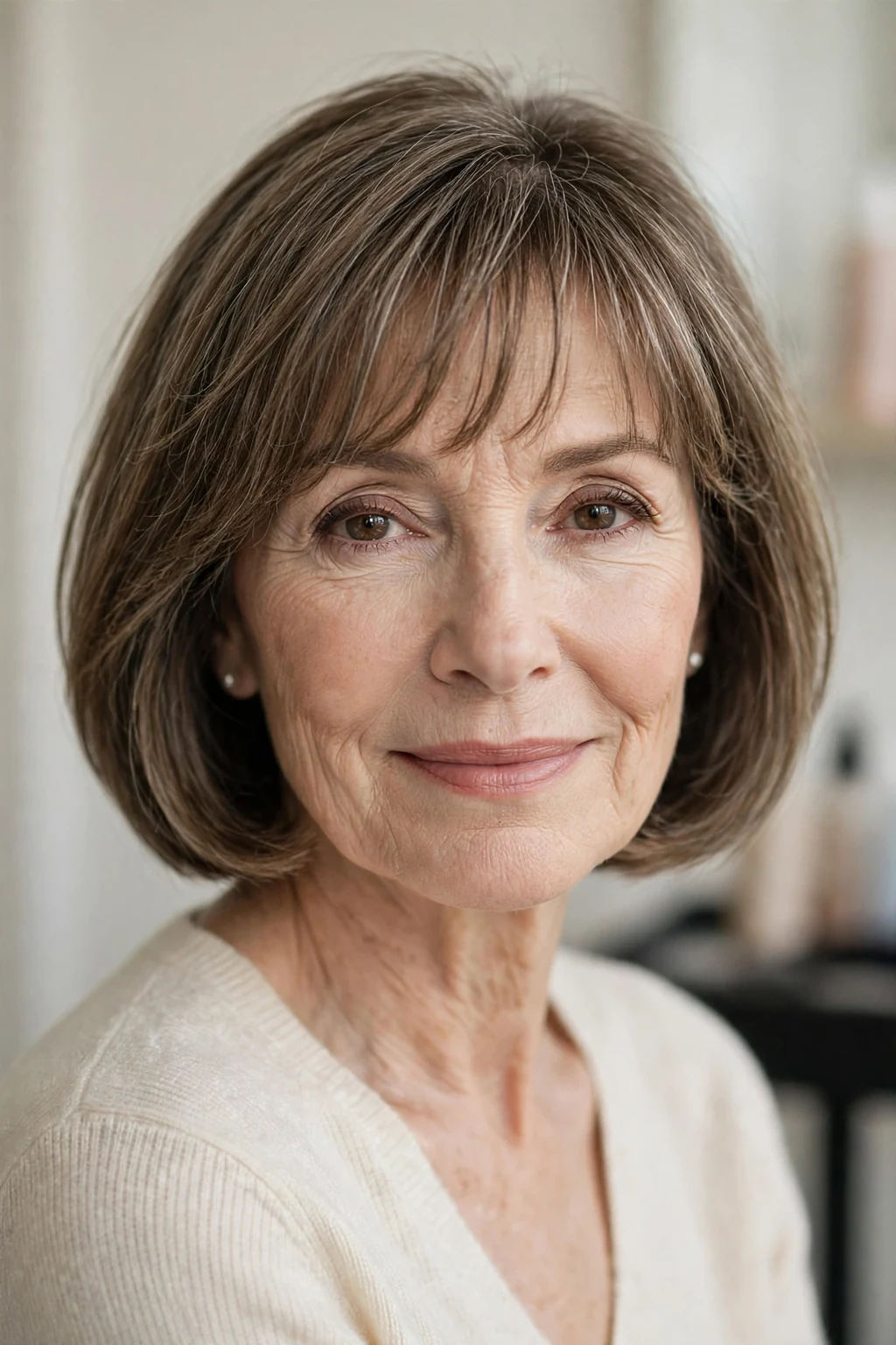 Elegant woman over 50 with bob with wispy fringe, delicate airy bangs, gentle light.