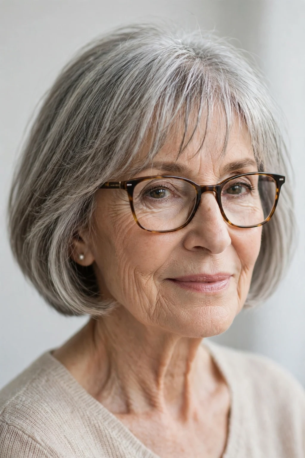Elegant woman over 70 with glasses and bob with wispy fringe, delicate airy bangs, gentle light.