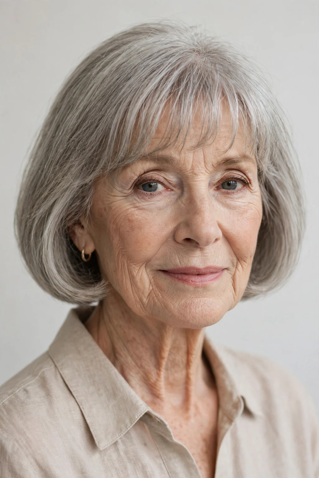 Elegant woman over 70 with bob and wispy fringe, delicate airy bangs, gentle light.
