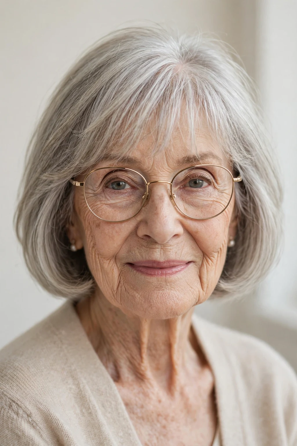 Elegant woman over 80 with glasses and bob with wispy fringe, delicate airy bangs, gentle light.