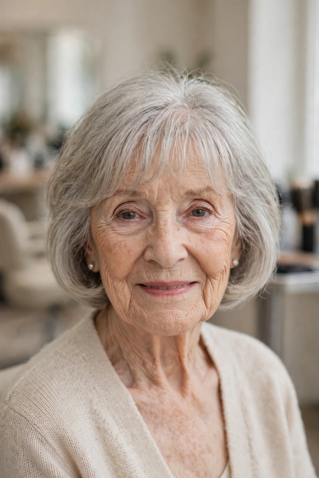Elegant woman over 80 with bob and wispy fringe, delicate airy bangs, gentle light.