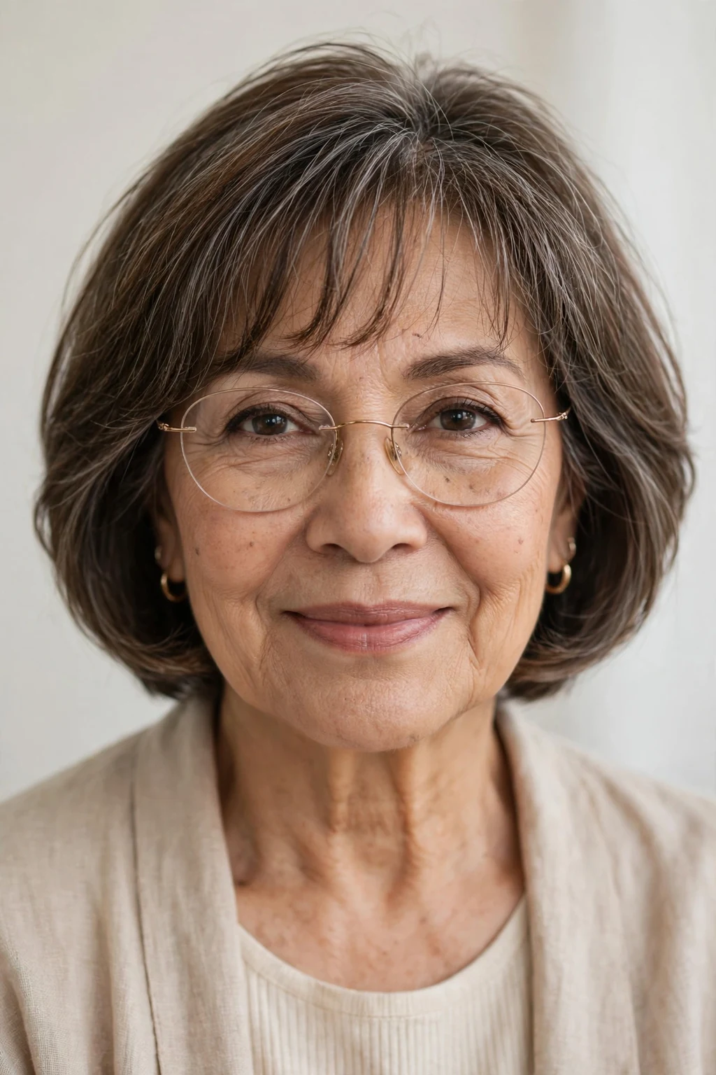 Elegant woman over 50 with fine hair and glasses and bob with wispy fringe, delicate airy bangs, gentle light.