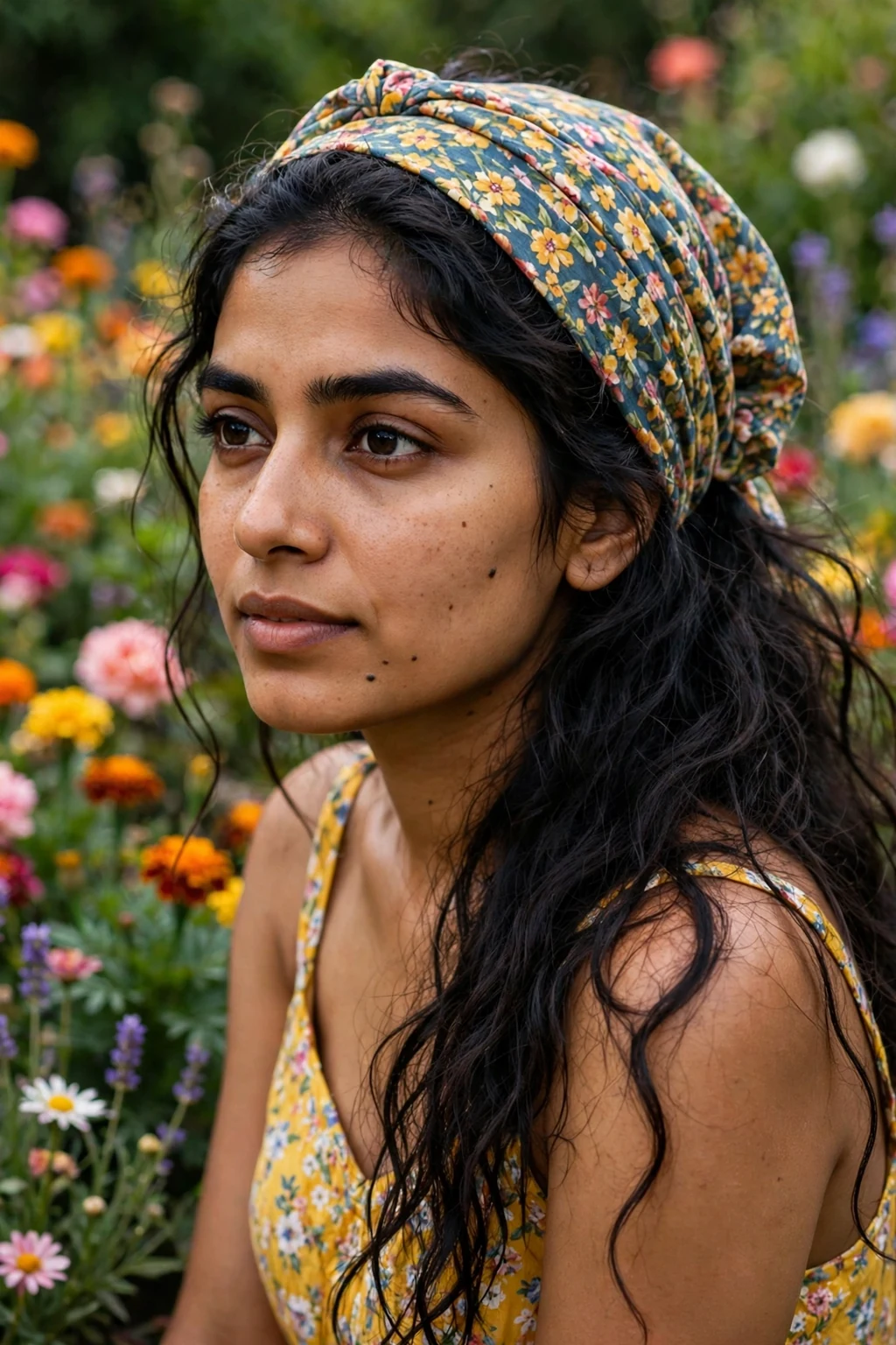 Young woman wearing a boho floral bandanna head wrap with loose textured hair.