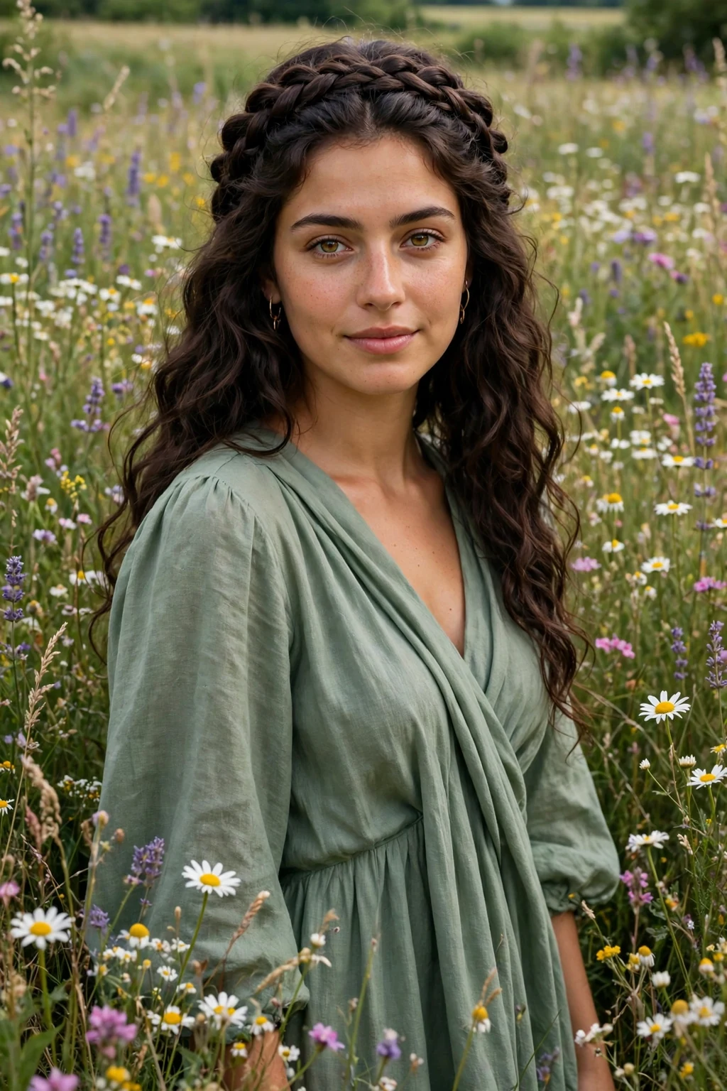 Young woman with a boho braided crown hairstyle at an outdoor wedding, wearing a sage green dress.