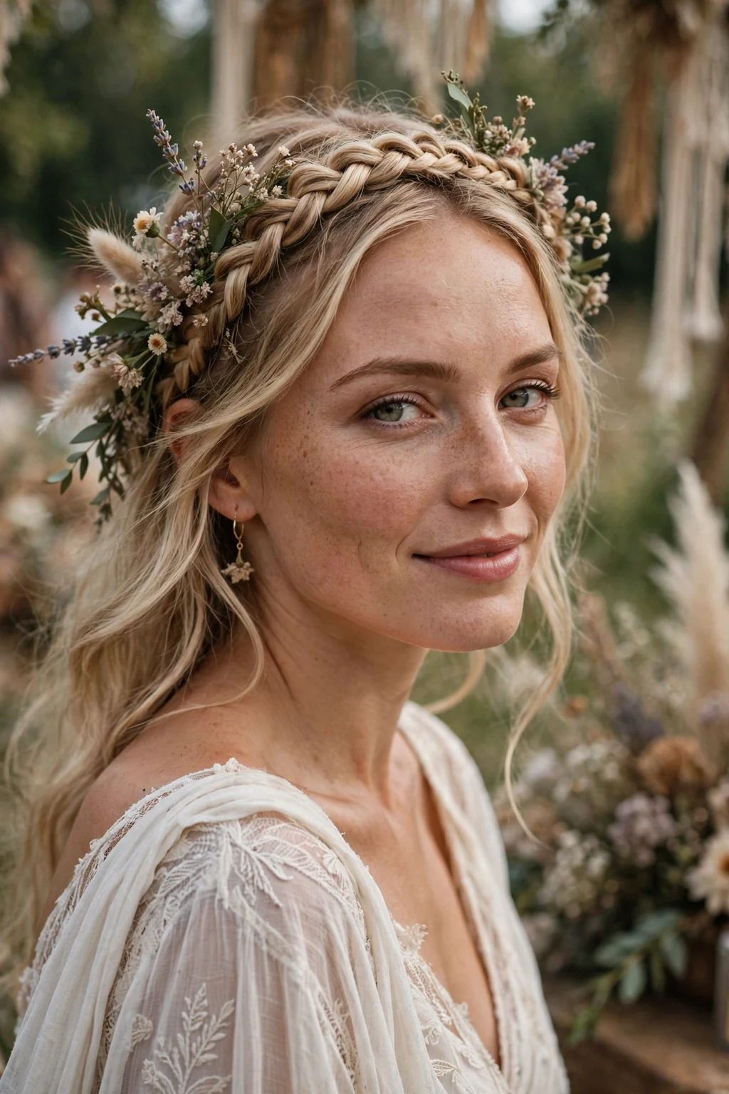 Beautiful bride with boho braided crown, whimsical braided crown, festival light.