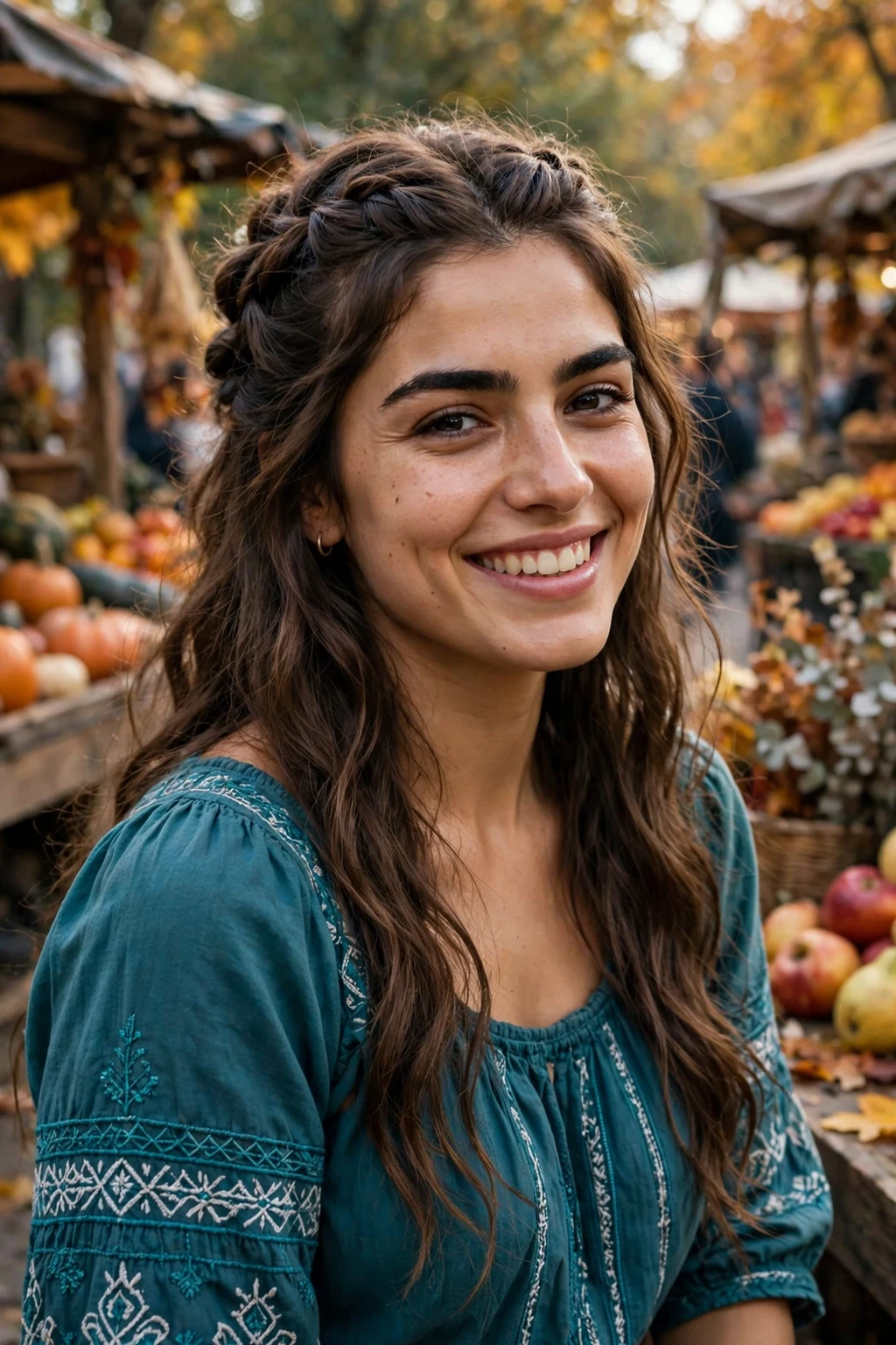 Young woman with a boho braided half-up hairstyle at an outdoor market.