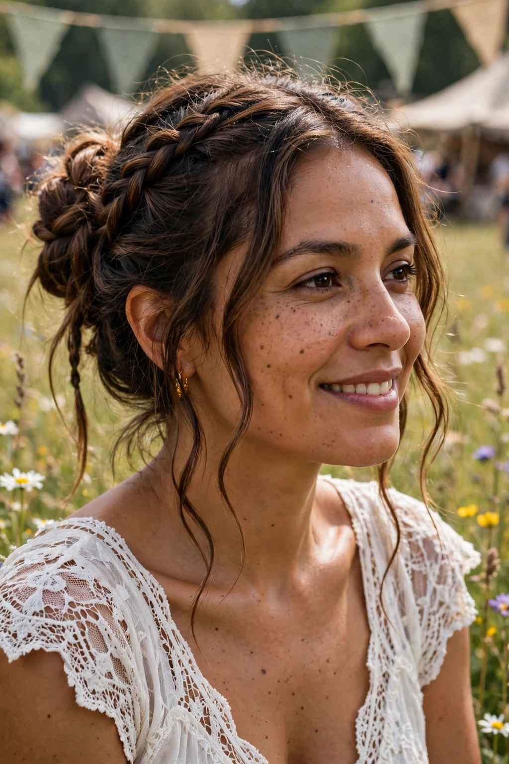 A young woman with a boho braided updo, loose braids woven into a relaxed bun, in a festival meadow setting.