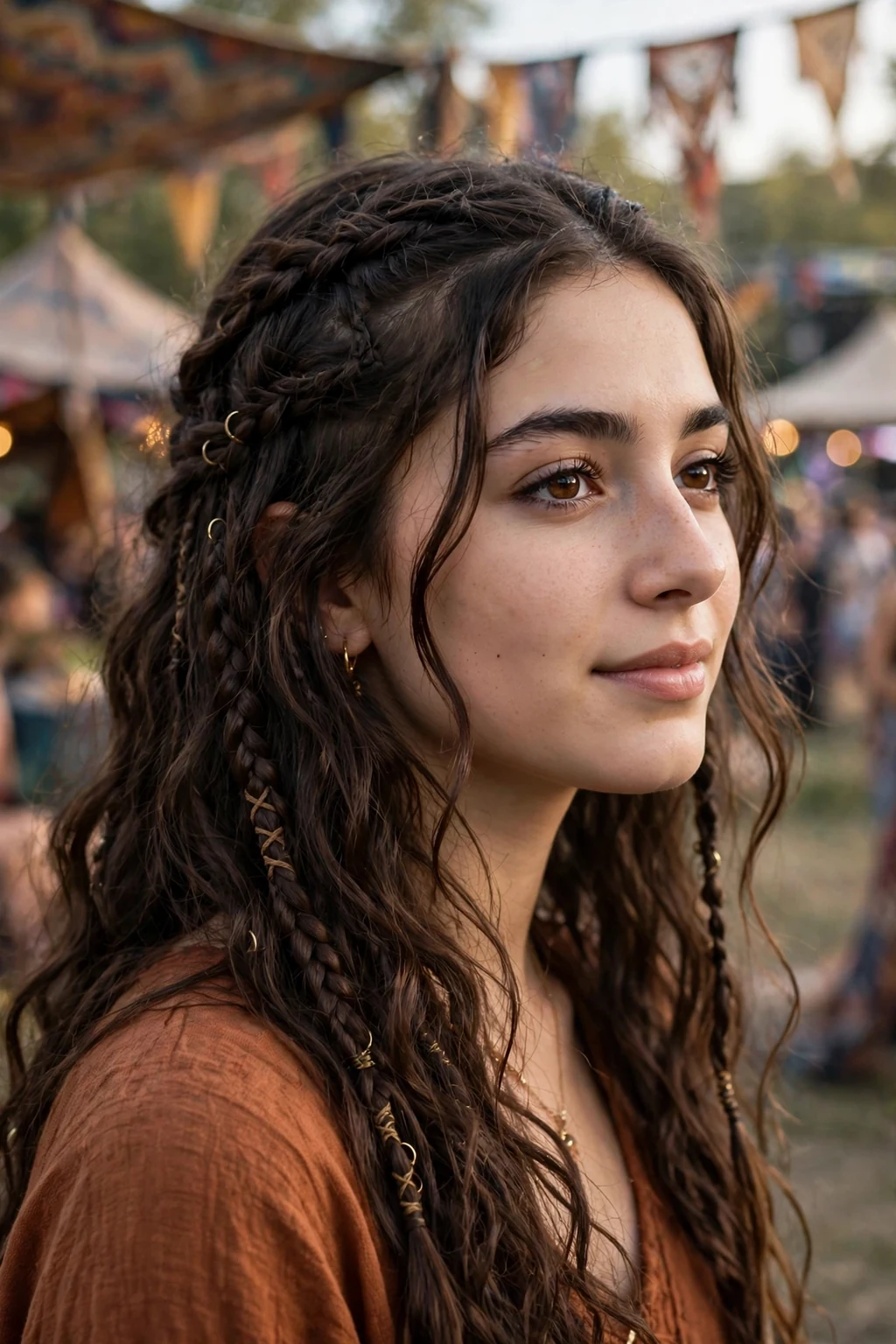 A young woman with boho braids woven through loose waves, wearing a rust-colored top at a music festival.