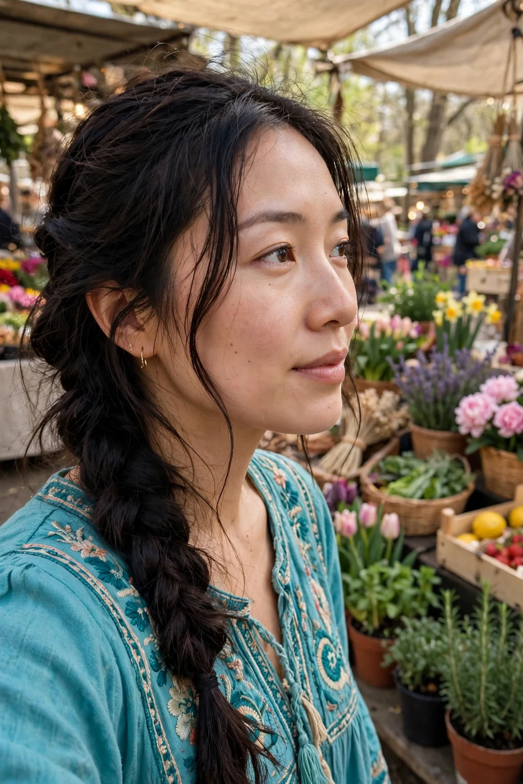 Young woman with a boho fishtail braid over one shoulder, at an outdoor market wearing a turquoise embroidered top.