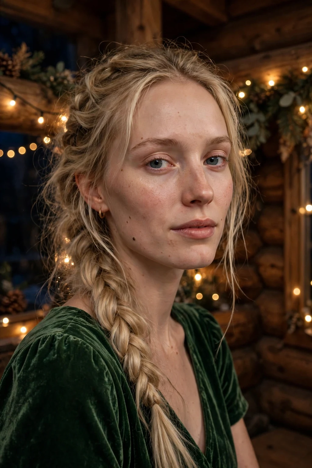 Young Scandinavian woman with a boho fishtail braid wearing a forest-green dress at a cabin party.