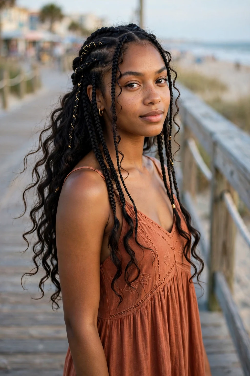 Young woman with boho knotless braids and loose wavy curls throughout, at a beach boardwalk wearing a terracotta maxi dress.