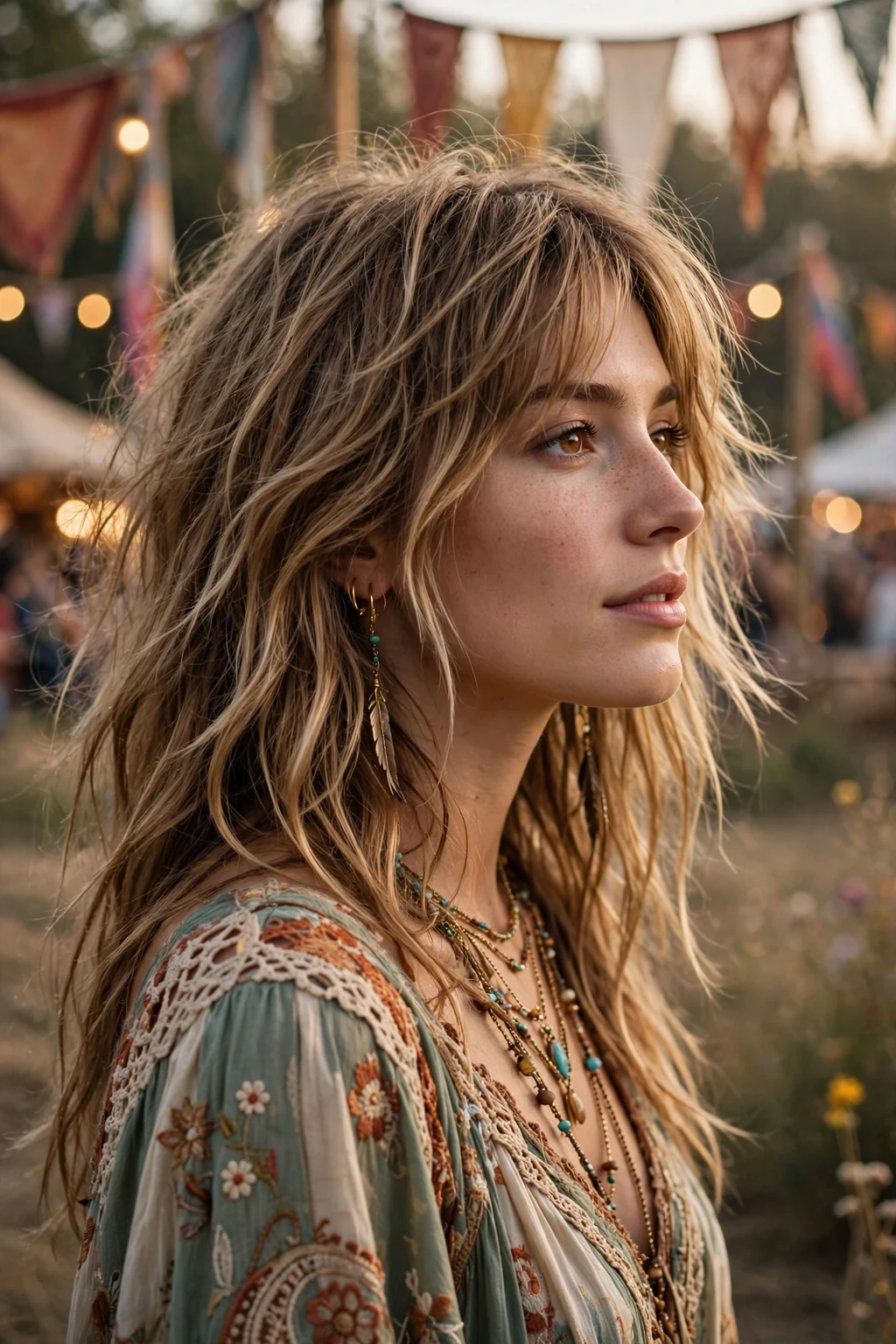 Beautiful woman with boho long shag, free-spirited boho long shag, whimsical light.