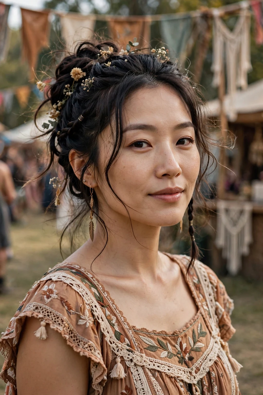 Beautiful woman with boho updo, free-spirited boho updo, whimsical light.