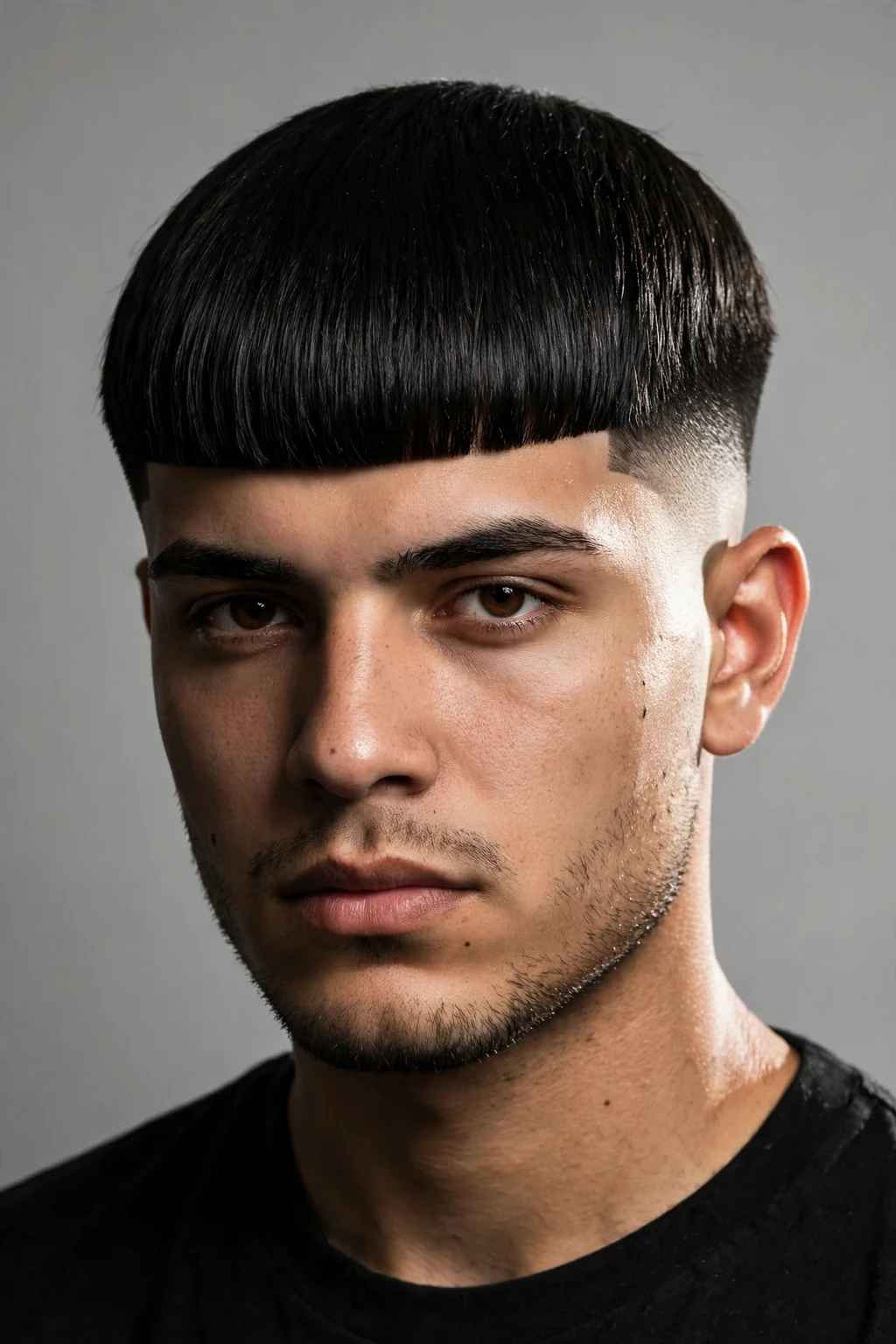 Man with bold blunt Edgar cut, extra-sharp heavy fringe, striking lighting.