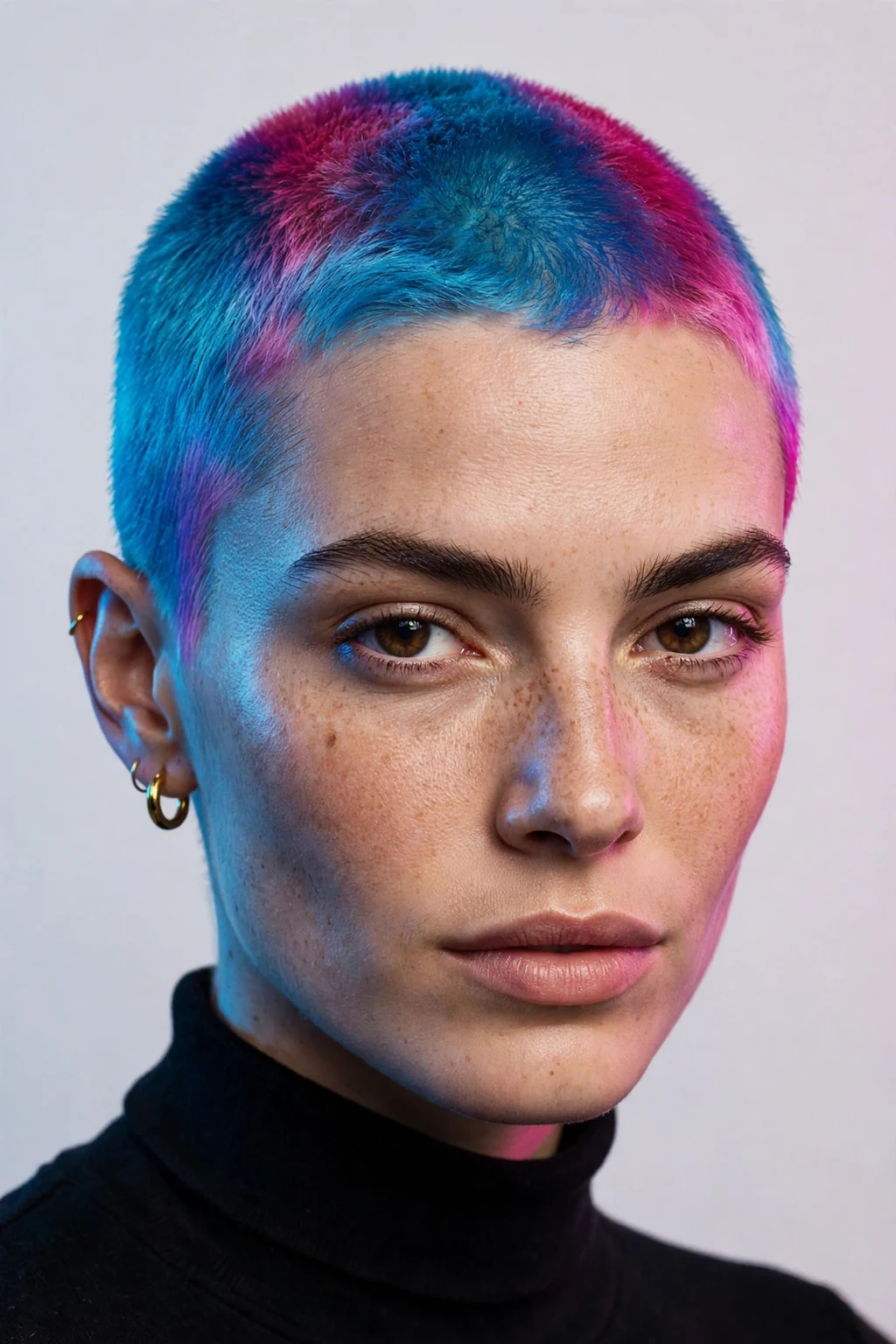 Woman with bold colored buzz cut, vibrant fashion color, vivid artistic light.