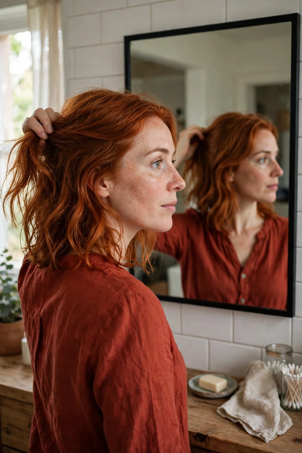 A young woman with freshly coloured copper hair checking her shiny hair in a mirror.