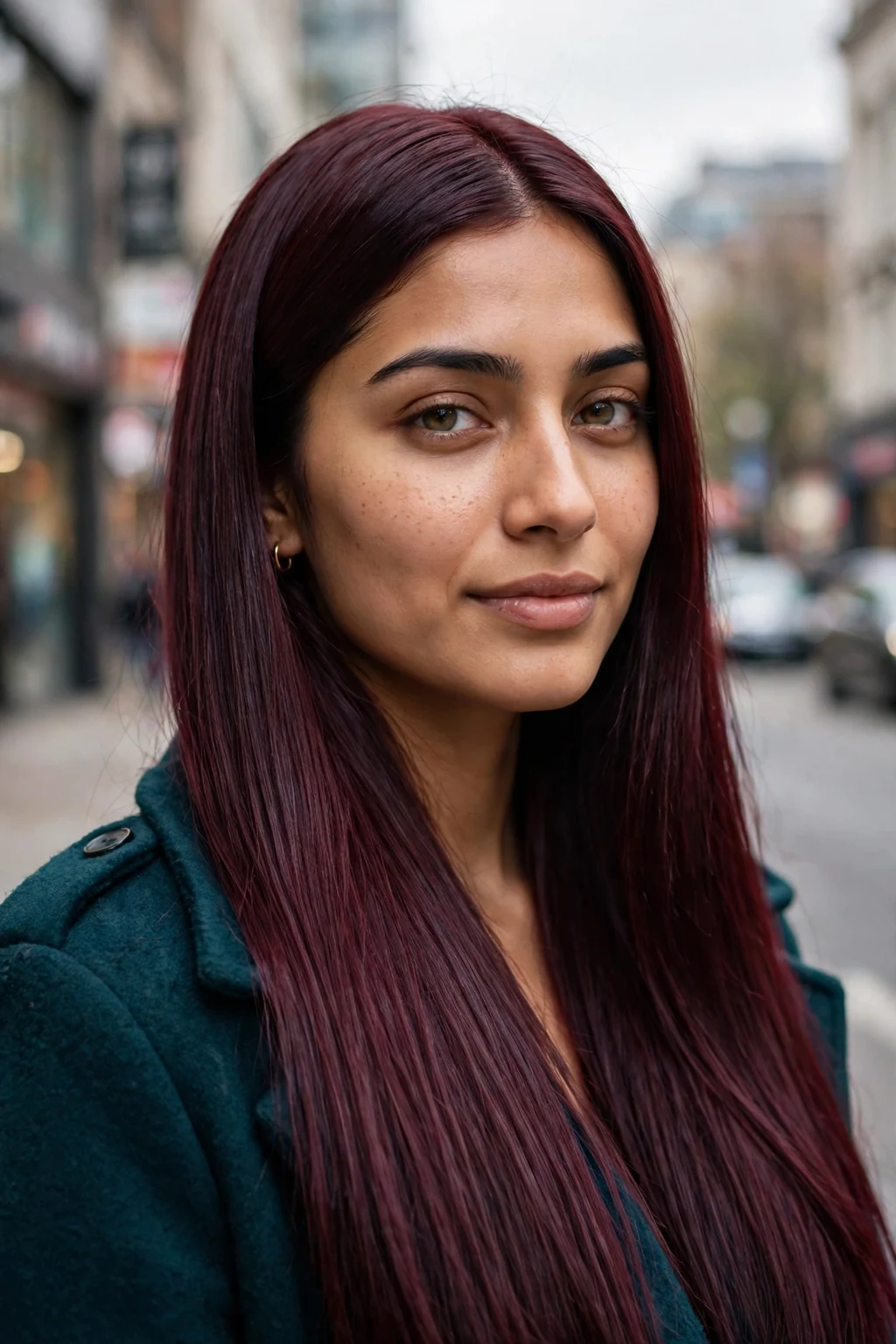 Young South Asian woman in her mid-20s with sleek straight bordeaux burgundy hair with a glass-like finish, on a downtown street wearing a deep teal coat.