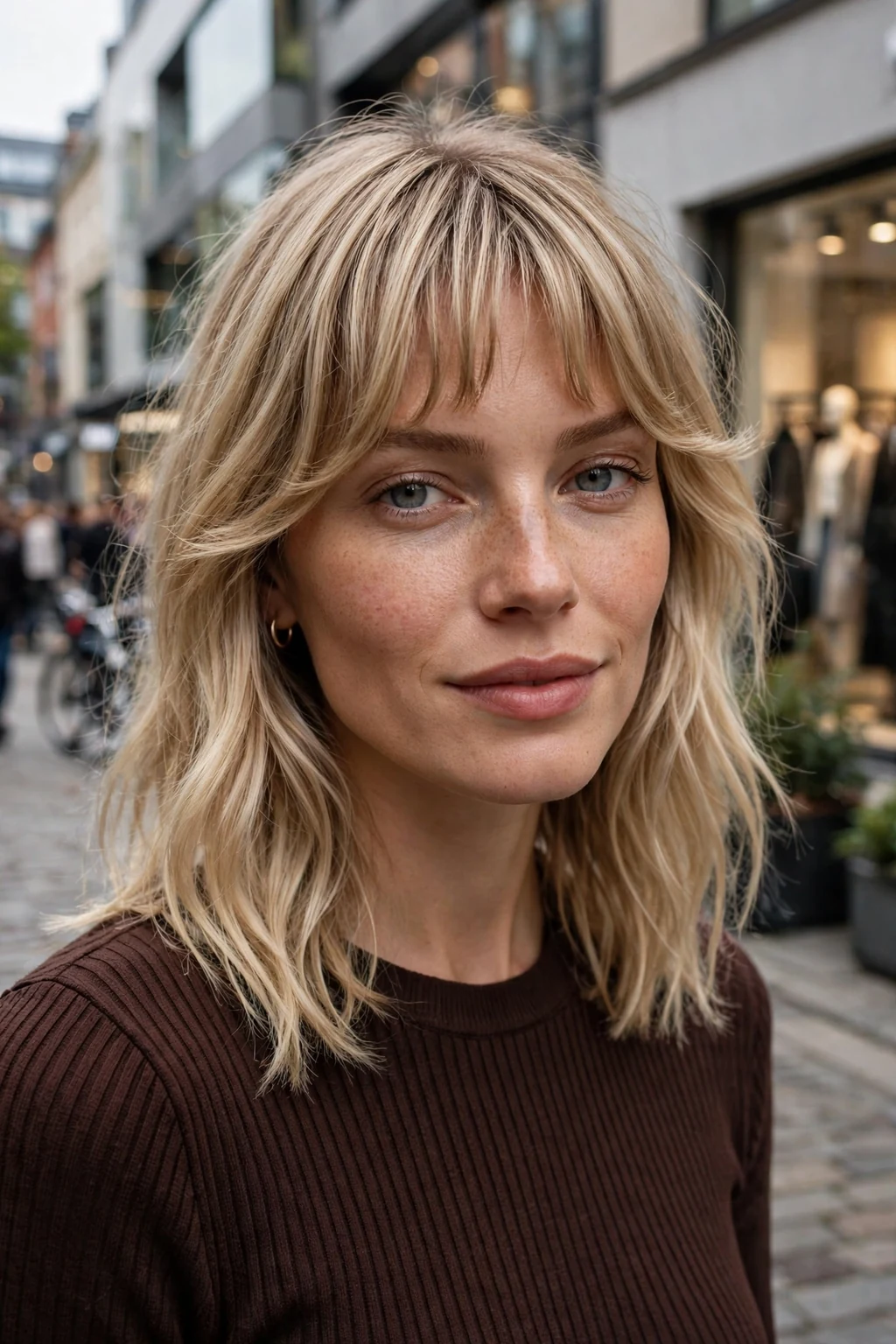 Beautiful woman with bottleneck bangs, trendy bottleneck bangs, modern light.
