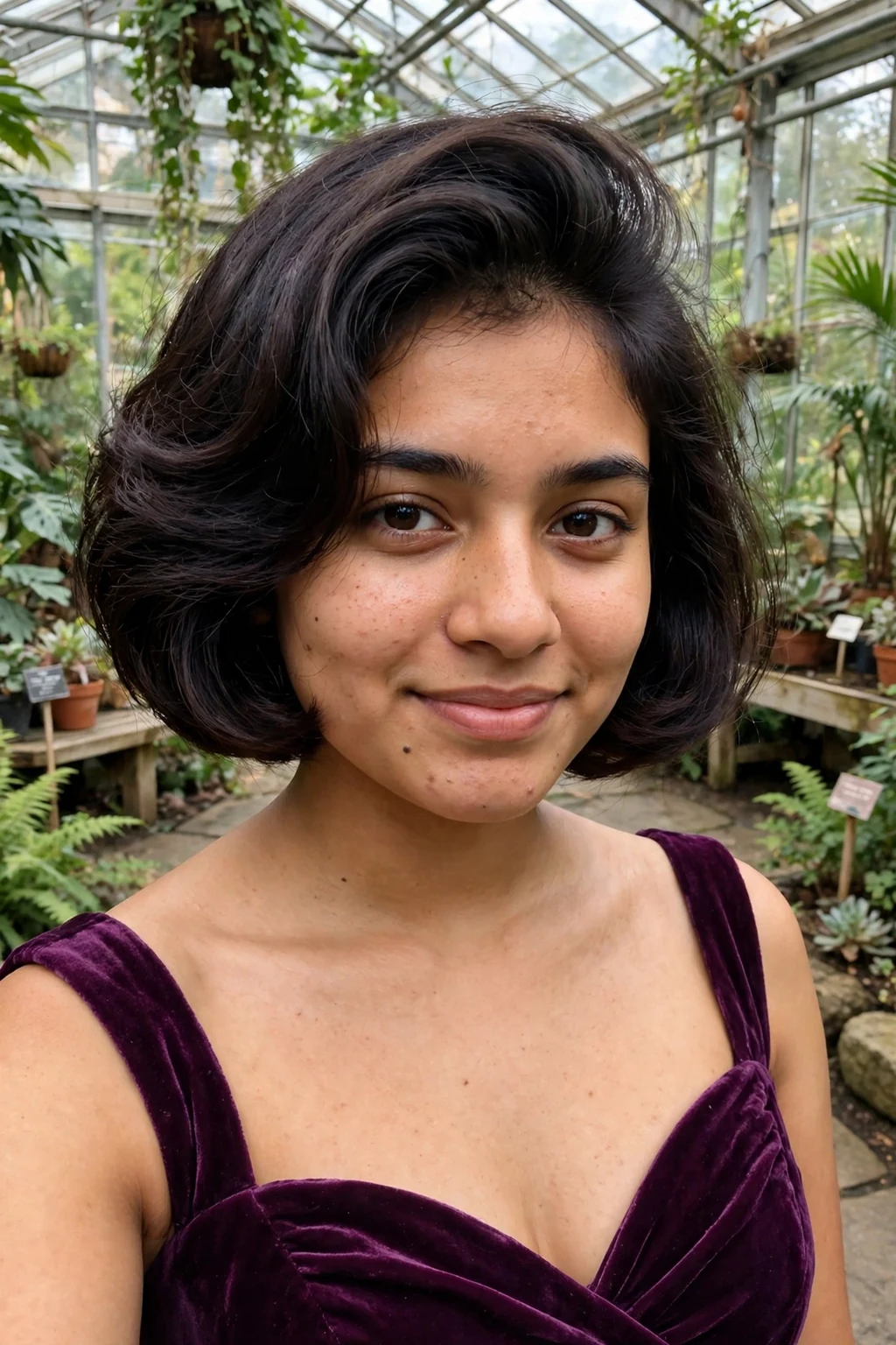 Young woman aged 18 to 20 with bouncy blowout bob hairstyle for prom, a university botanical garden greenhouse.