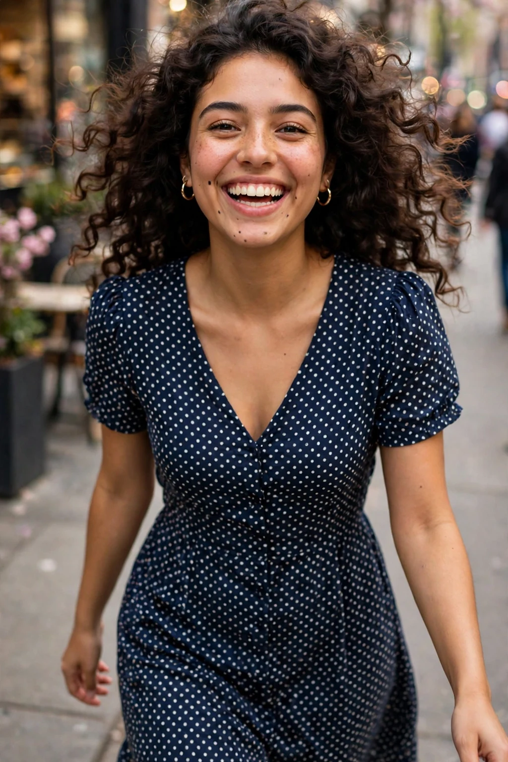 A young woman with bouncy blowout curls and a big smile, walking a city sidewalk in a polka dot dress.